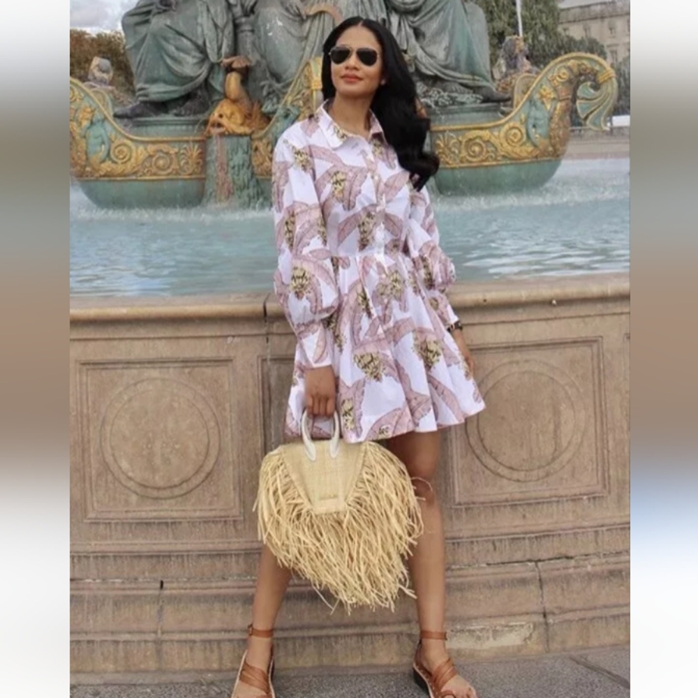 NWT Desmond & Dempsey x H&M Balloon-Sleeved Cotton Dress Pink Banana Leaf Print